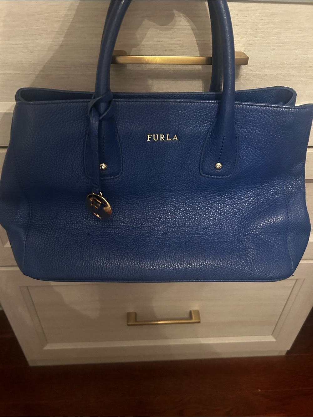 Furla Royal Blue Pebbled Leather Tote with Gold Hardware